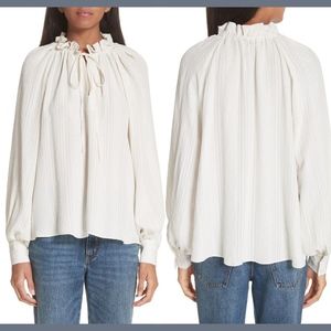 NEW CO Tie Neck Silk Cloqué Jacquard Blouse Top in Ivory‎ [SZ Large ]